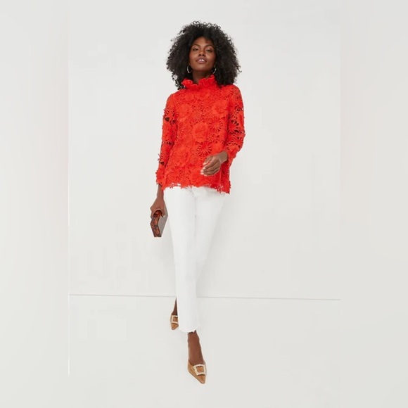 Tuckernuck Faye Red Guipure Lace Blouse XXS NWT Ruffle Bow Back Cocktail Top - Picture 11 of 11